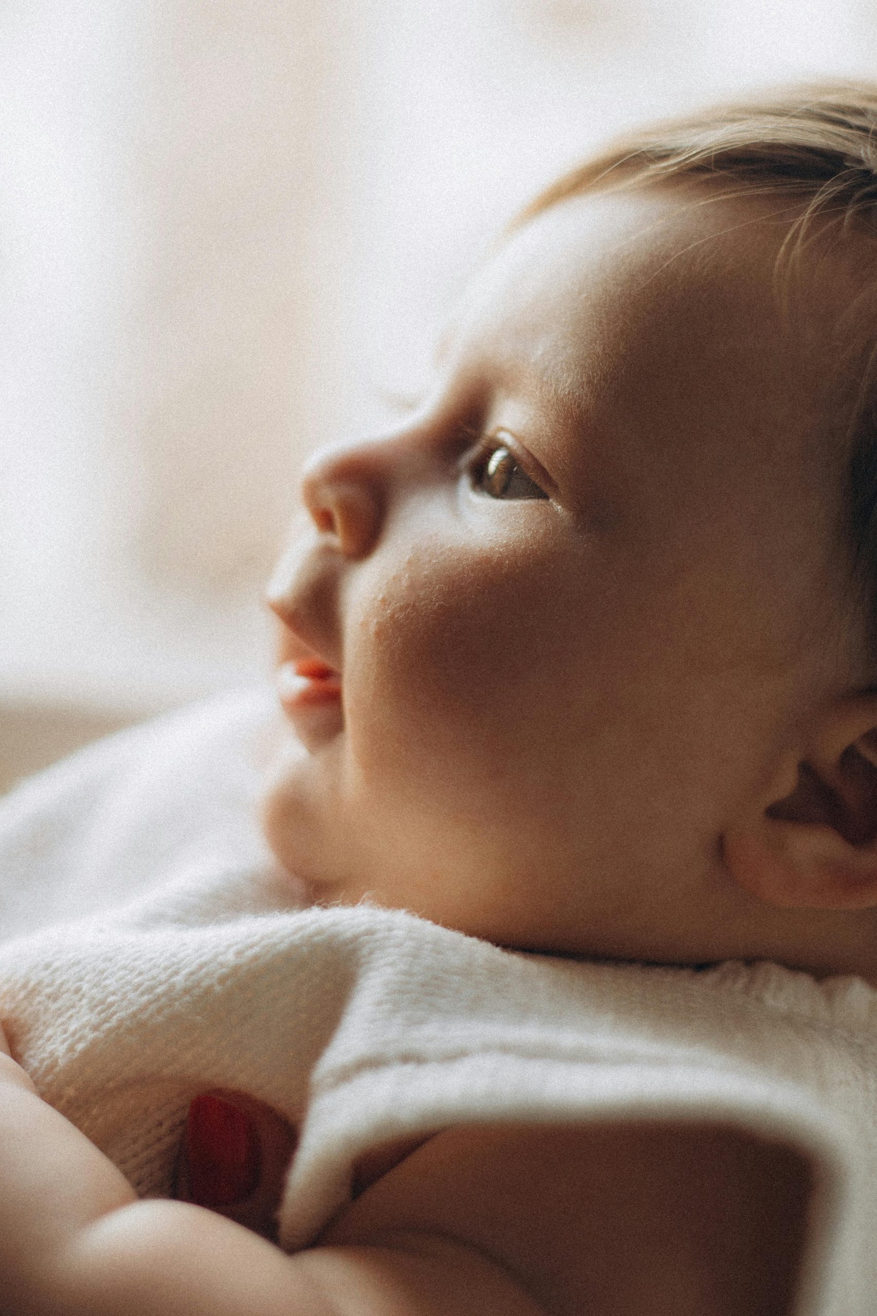 Gentle side profile of a baby looking curiously off camera in soft light.